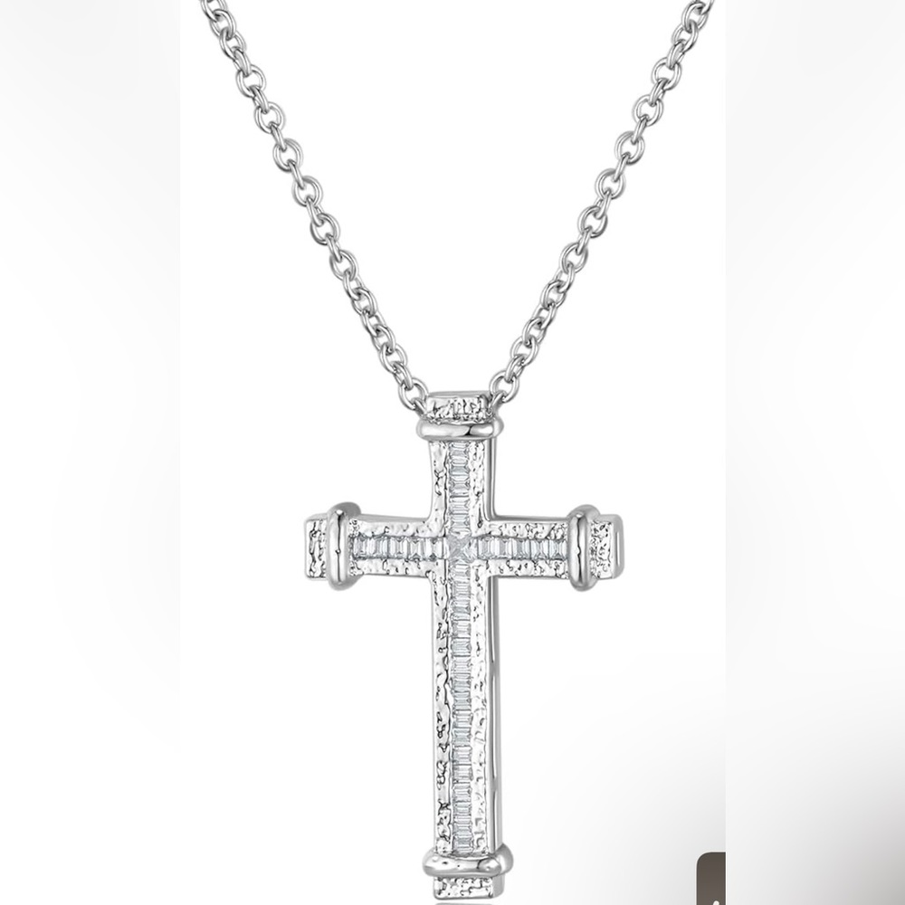 silver Necklaces Silver Tiny Emerald Cut Cubic Zirconia Cross shining